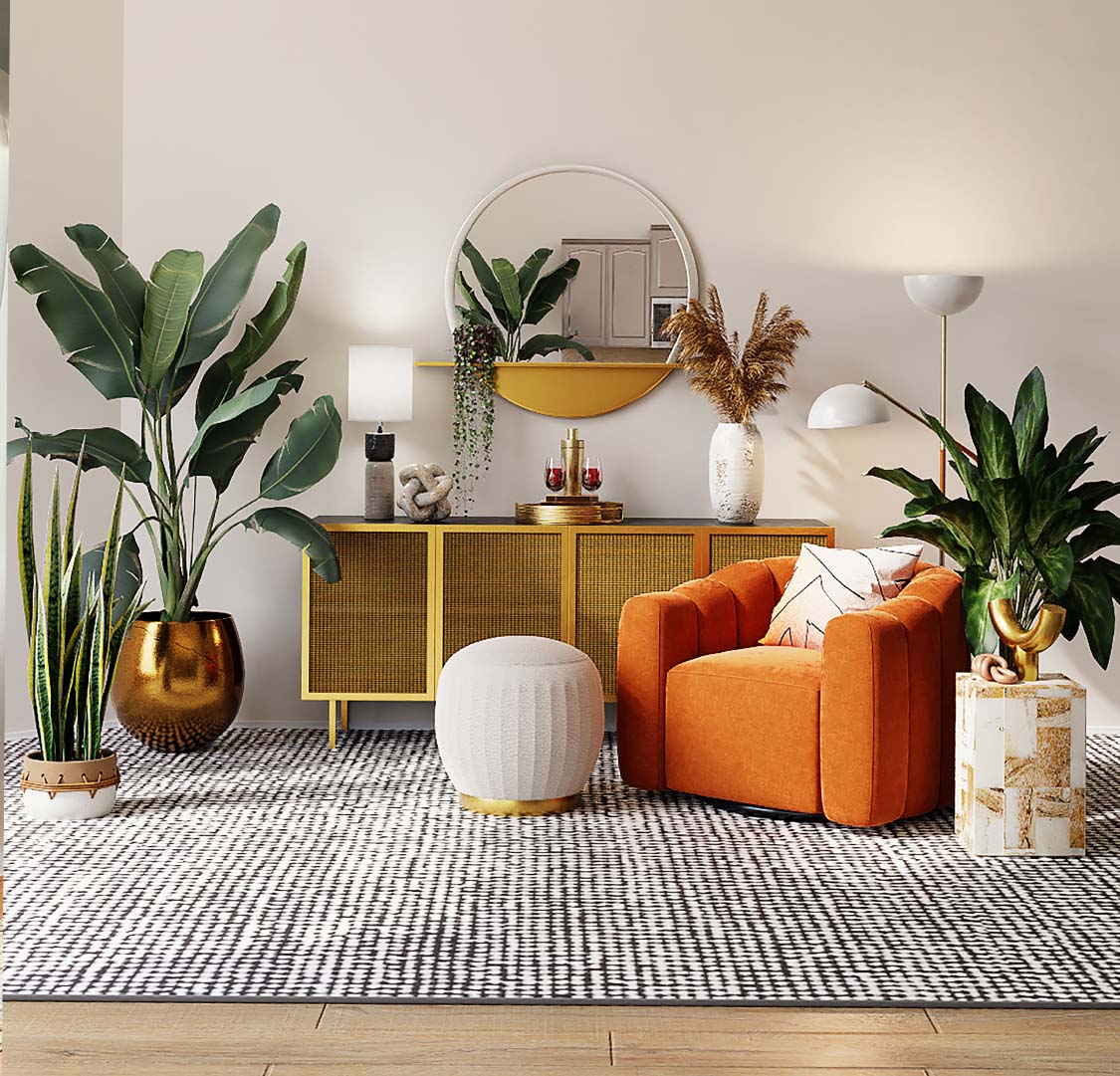 live: a stylish interior living room with a sideboard and mirror, a comfortable armchair, pouf and plants.