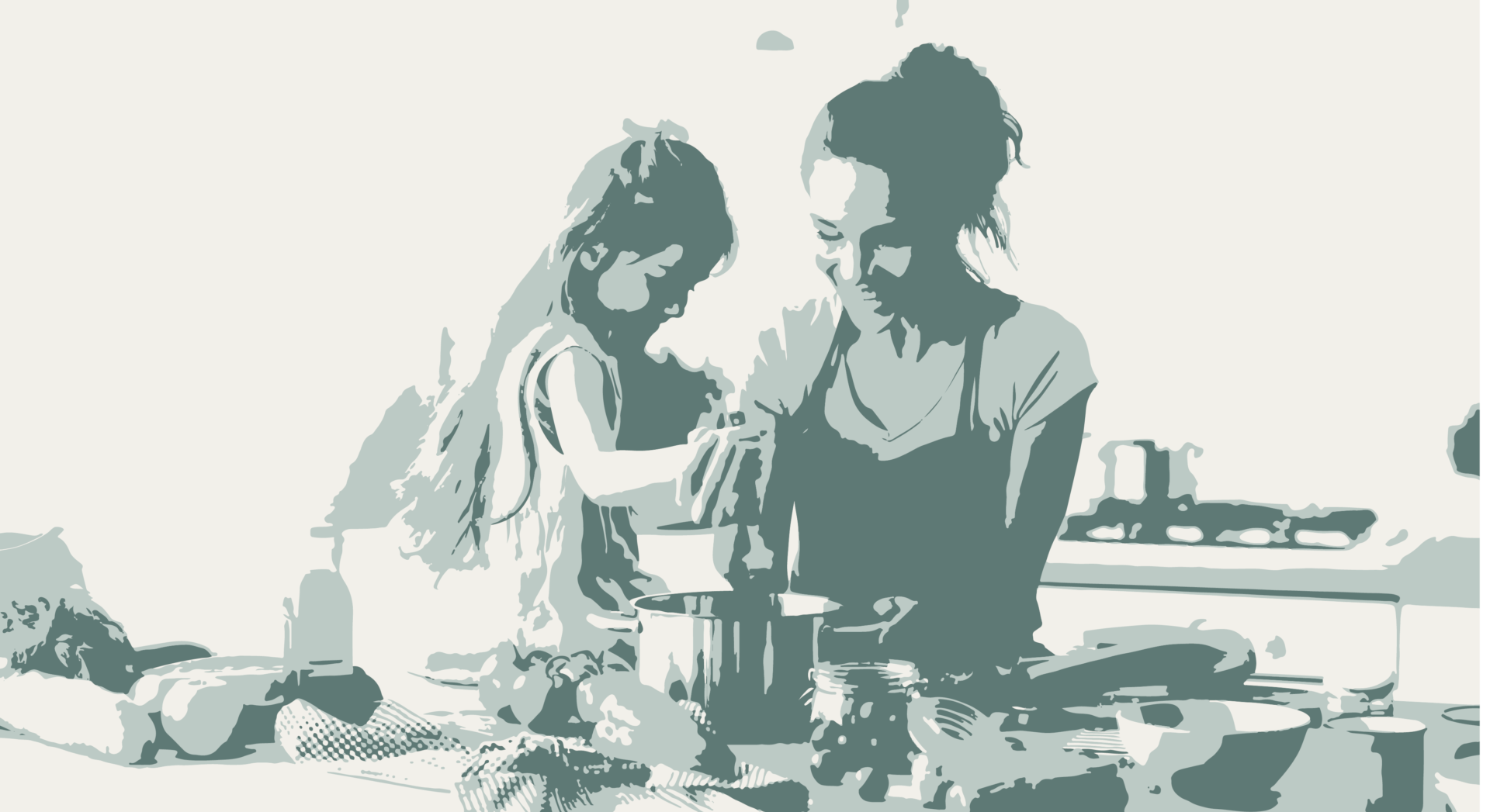 a mother and daughter cooking food together in the kitchen